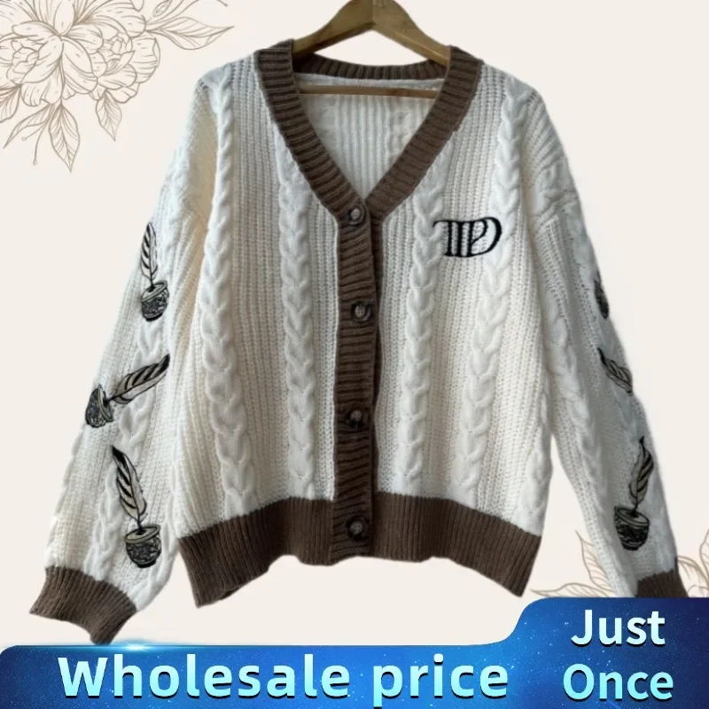 2024 Autumn Women Trend High Quality Loose Fitting Floral Embroidered Knitted Cardigan Y2k Regulai Fit Beige Cardigans Female