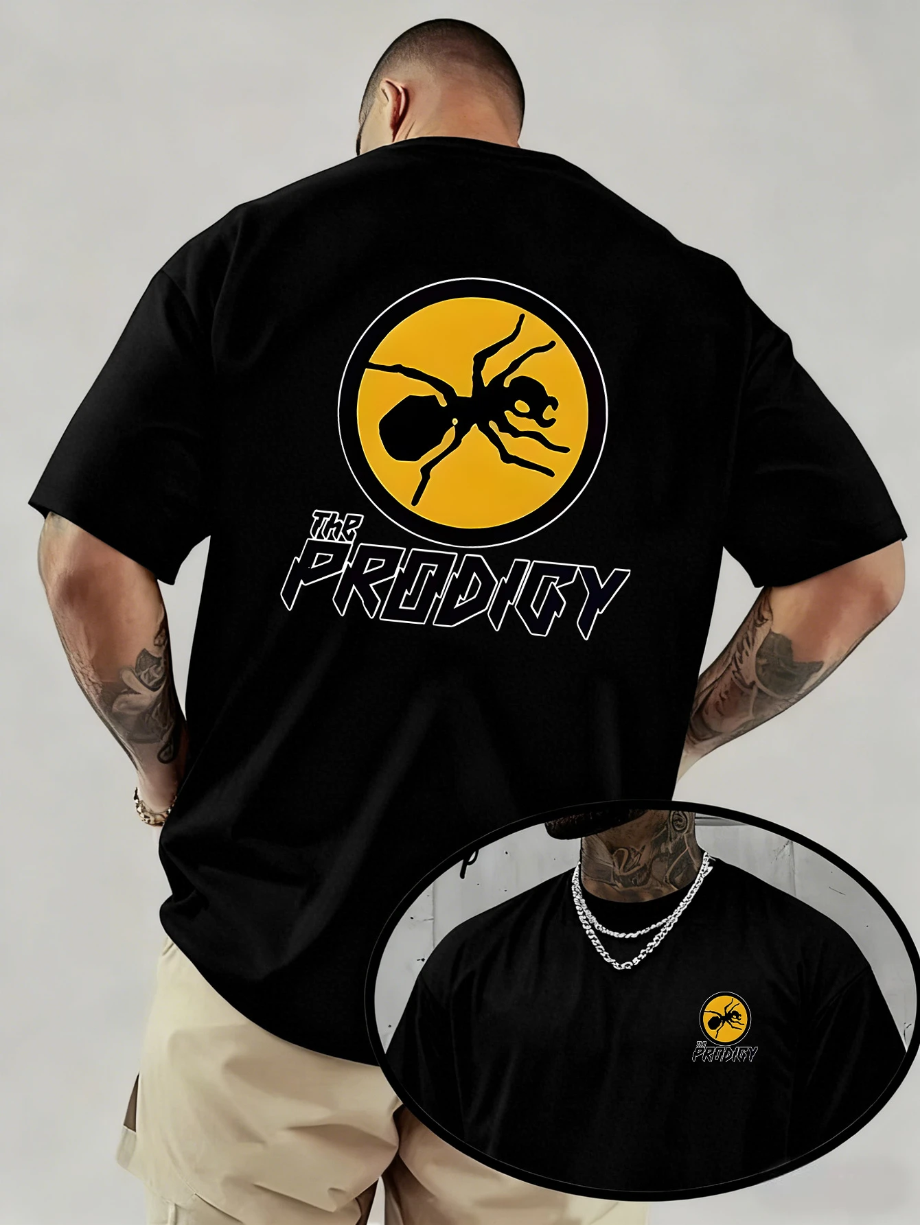 Men'S Front Small Chest Logo Back Large Circle Ant The Prodigy Tee, Retro British Rave Band T-Shirt for Rock and EDM Fans