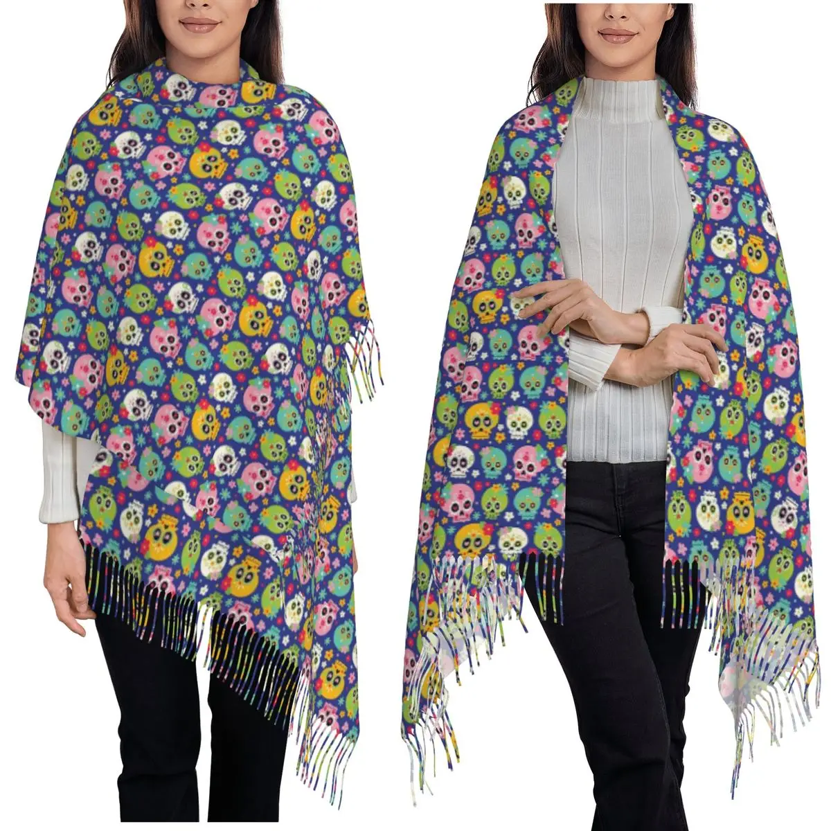 

Красочный шарф «День мертвых» с сахарным черепом, шарфы с кисточками, женские мягкие теплые шали и накидки, большая осенне-зимняя шаль