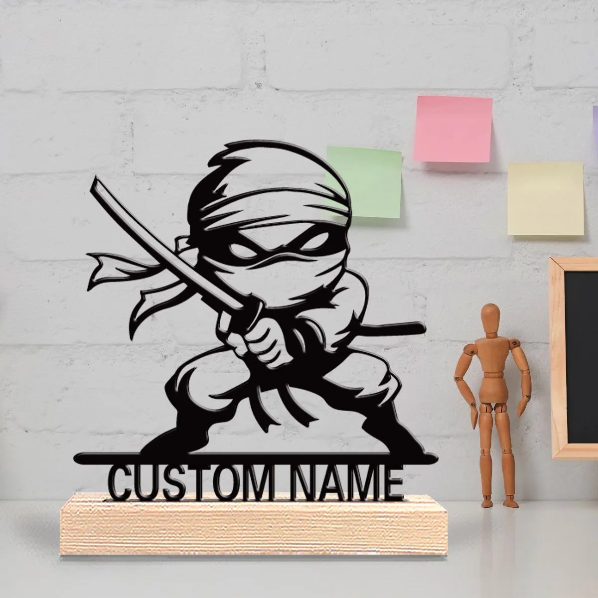 1pc Modern Ninja Custom Letter Tin Statue Metal Ornament Art Crafts With Wood Base Metal Sculpture With Wood Base Bedroom Table view 6