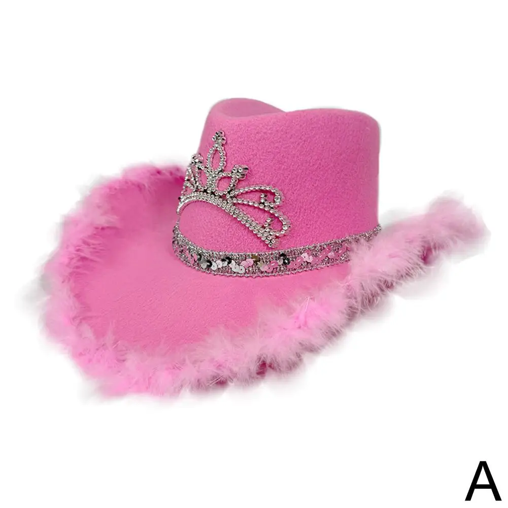 Wide Brim Pink Fur Brim Cowboy Hats Cowgirl Party Carnival Western Hats Stylish Glitter Crown Sequin Feather Caps For Women F6q8