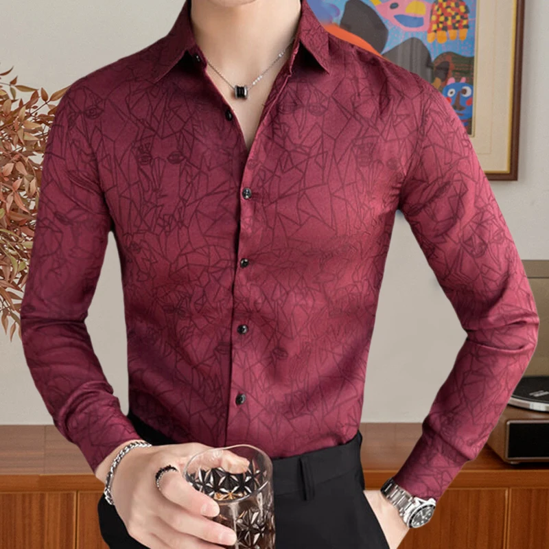 Luxury Print Shirt Male Punk Gothic Dress Shirts Korean Style Men Vintage Designer Shirt Long Sleeve Night Club Men Social Shirt