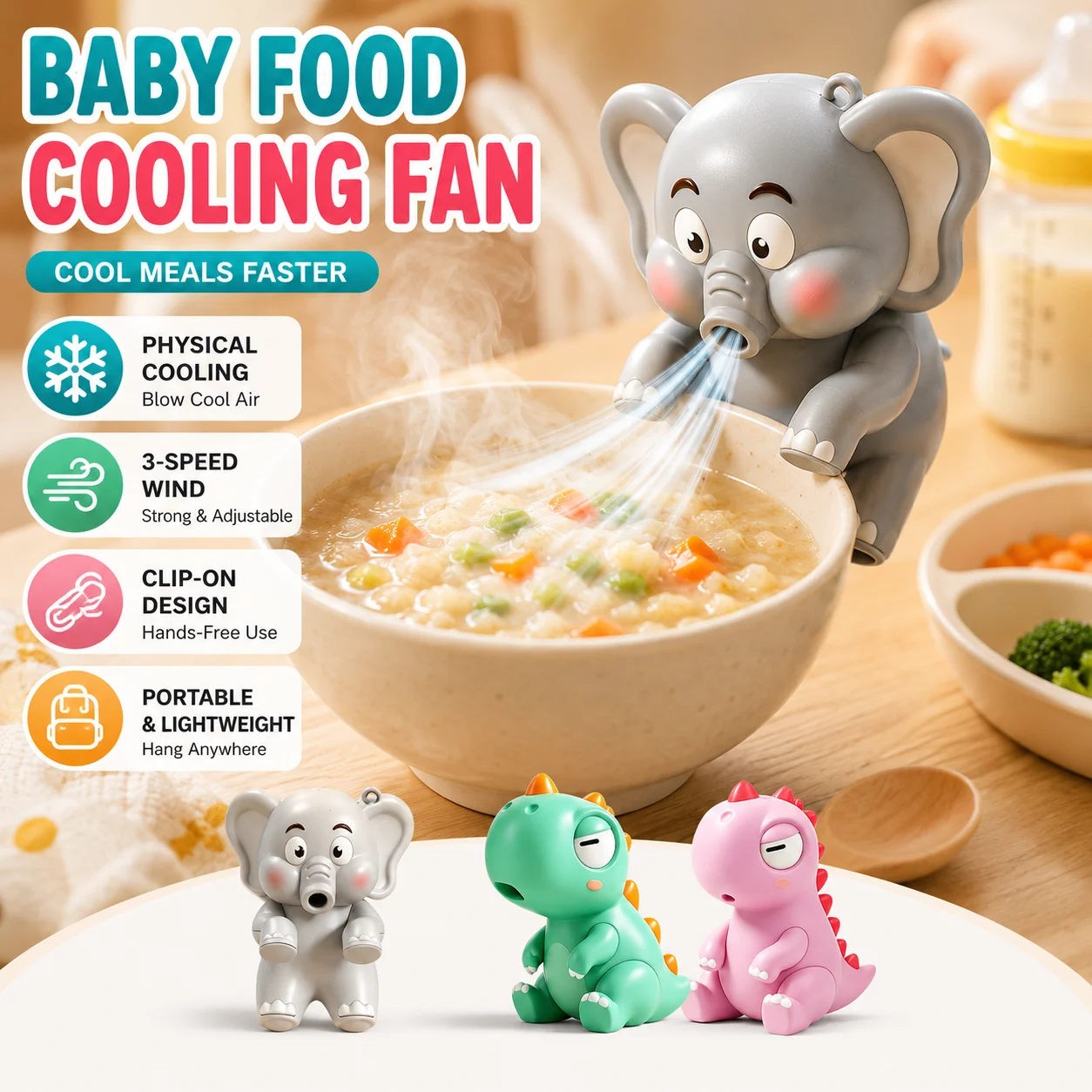Mini Cartoon Elephant Dinosaur Fan Baby Food Cooling Fan 3-Speed Strong Wind Hands-Free Cup Hanging Low Noise Safe Material