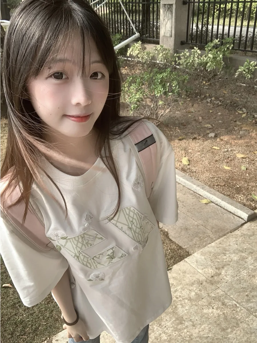 American Sle ort Sve T-Shirt Damen Sommer Design High Street Paar Einzigartiges schönes Top besticktes Buchstabenmuster