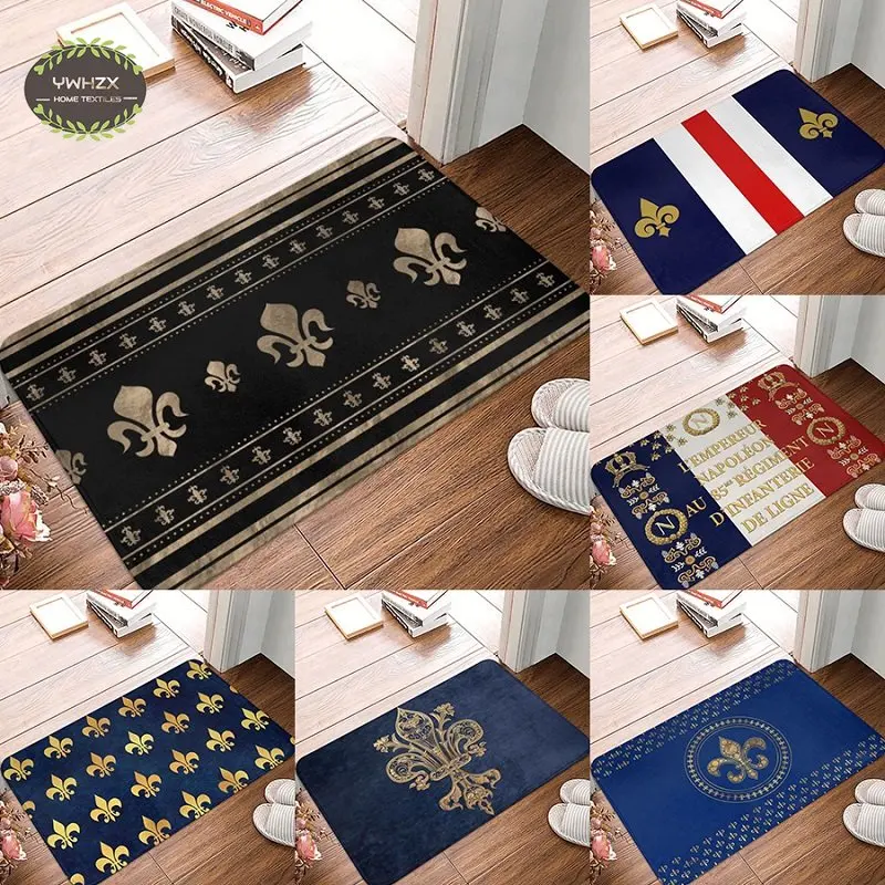 Luxury Fleur De Lis Carpet Black And Gold Front Door Mat Indoor Lily Flower Anti-Slip Rug Garden Garage Entrance Doormat Decor