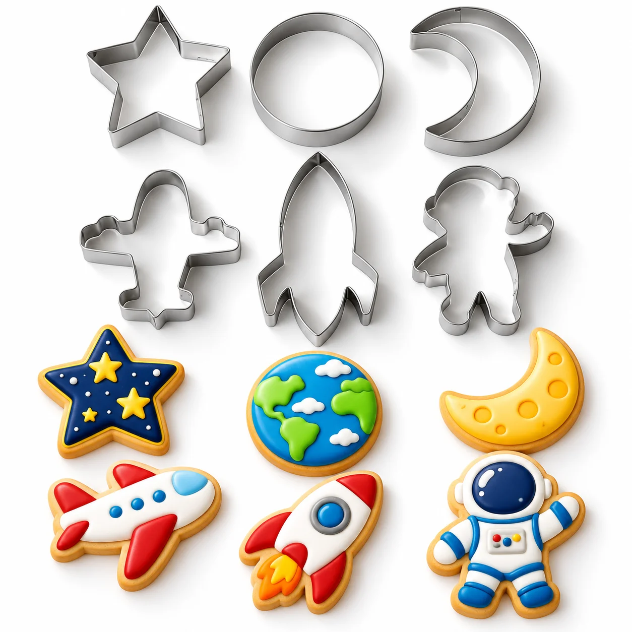 6PCS Space Astronaut CookieCutter Set Food Grade Stainless Steel Smooth Edge Molds for Fondant Fruit Biscuit Home DIY Baking Use