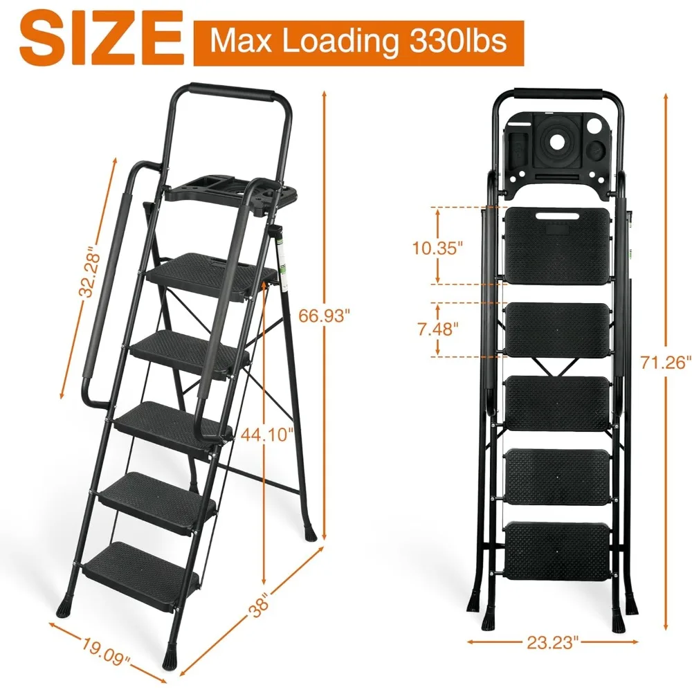 Portable Steel Folding Ladder with Wide Anti-Slip Treads, Tool Platform, Durable and Sturdy Construction, Black
