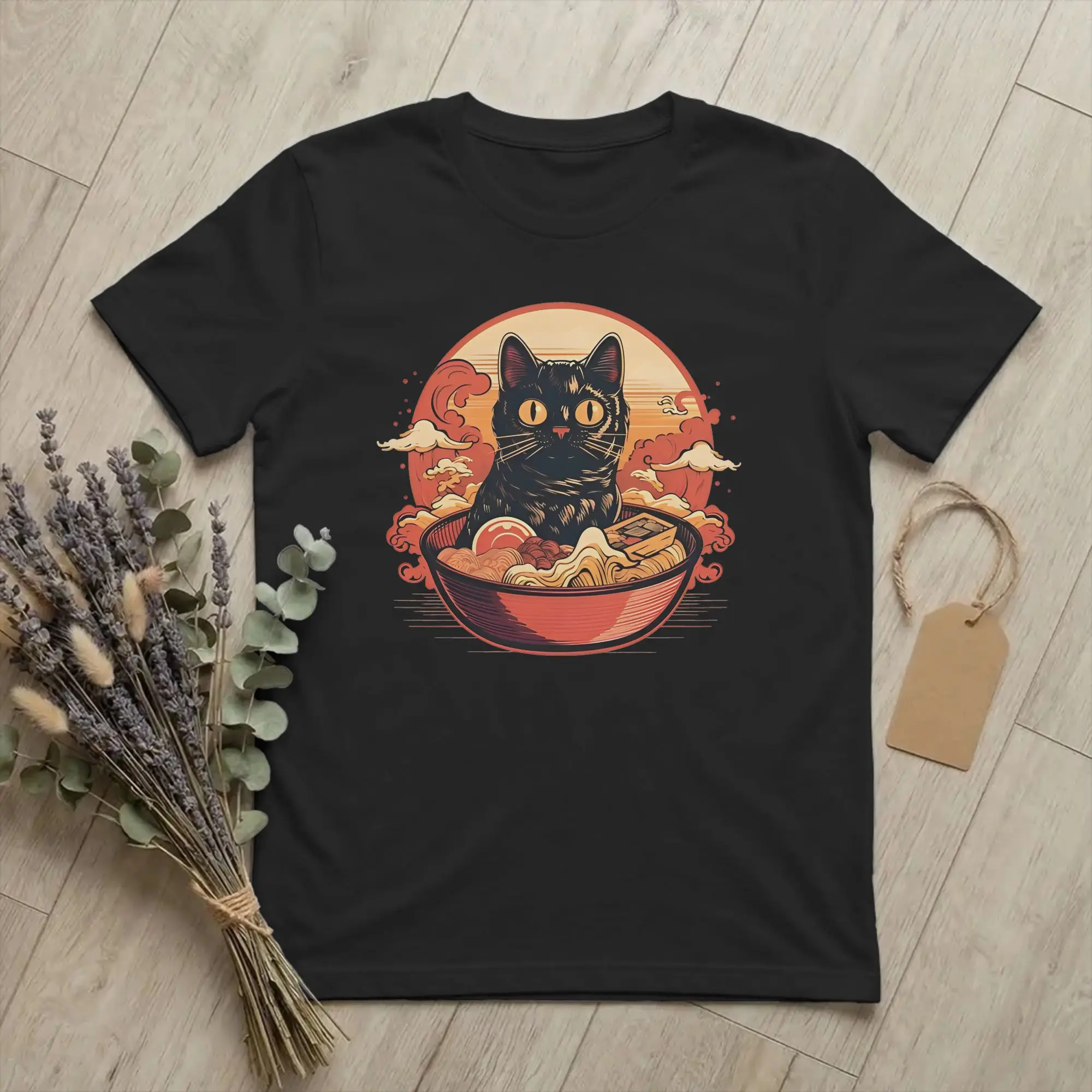 Cute Black  Cat Eating Ramen Tshirt Men's Cotton Tops Shirts Retro  O-neck Short Sleeve