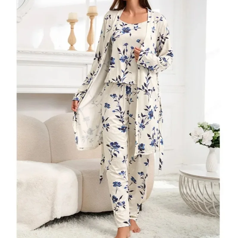 

Krismile 3 Piece Print Pajama Sets 2025 Speing Autumn Basic Vest Top Full-length Pencil Pant Long Sleeve Lace Up Robe Loungewear