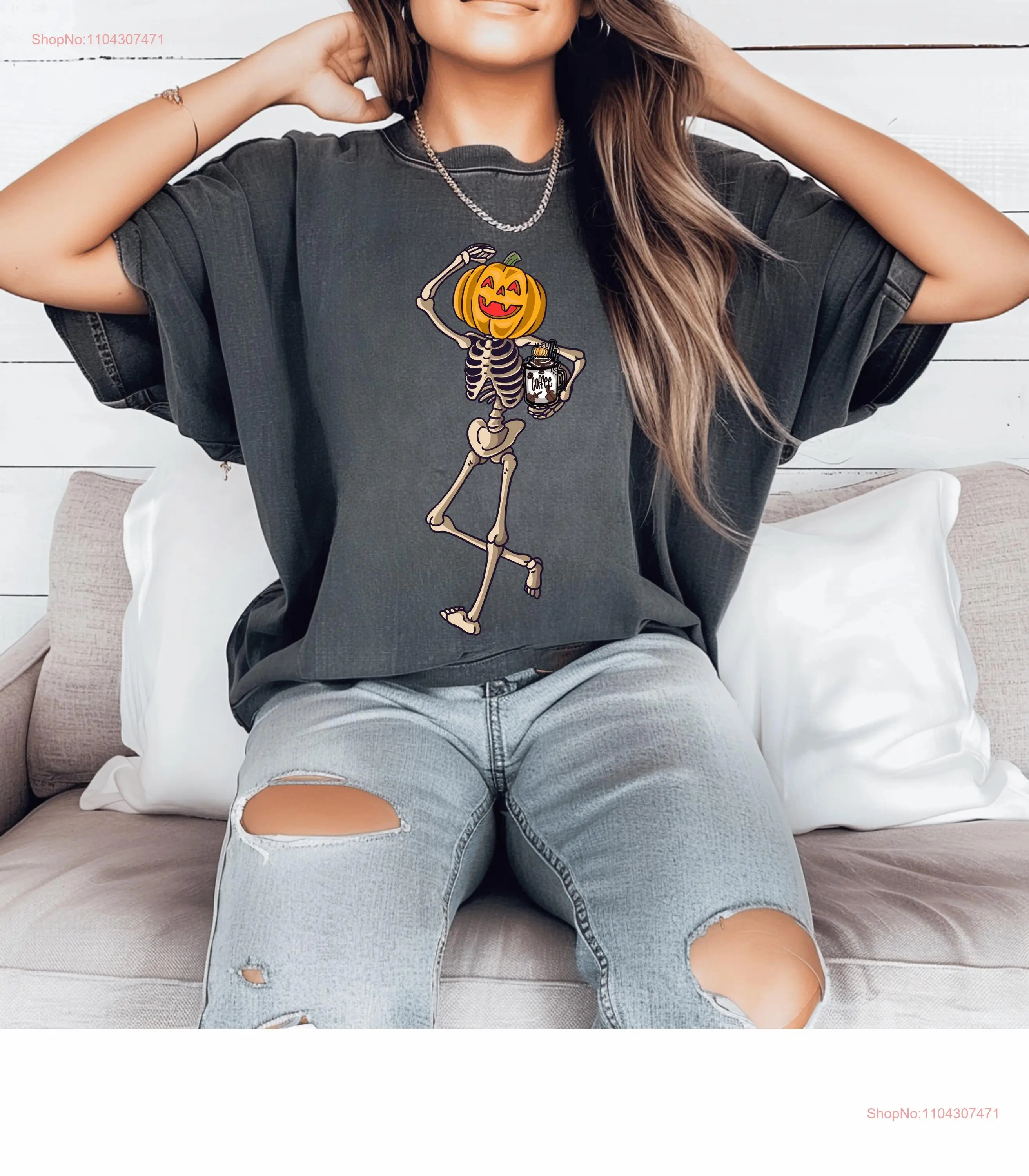 Dancing Skeleton Pumpkin Comfort Colors T Shirt Retro Halloween Women Cute Fall Spooky Season Face long or short sleeves