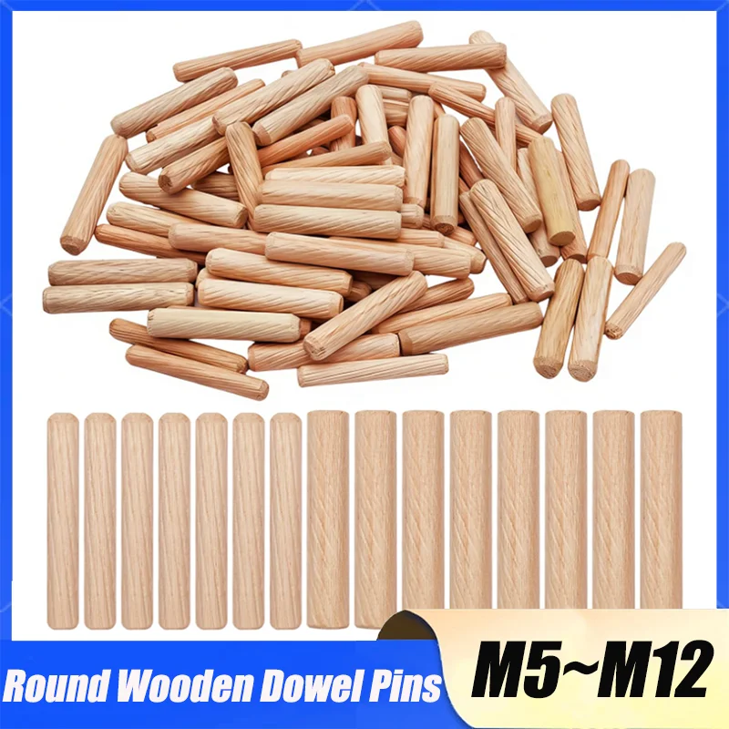 20/30/50/100Pcs Wooden Dowel Pins M5 M6 M8 M10 M12 Straight Groove Wood Dowels Rods for Crafts Furniture DIY Manual