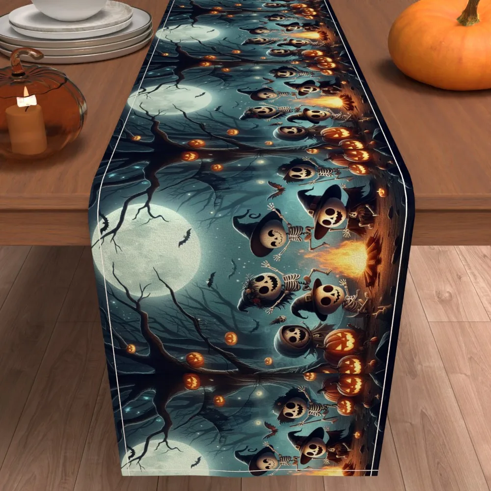 

Halloween Pumpkins Skulls Bats Ghosts Linen Table Runner Washable Halloween Theme Kitchen Dining Table Runners for Table Decor
