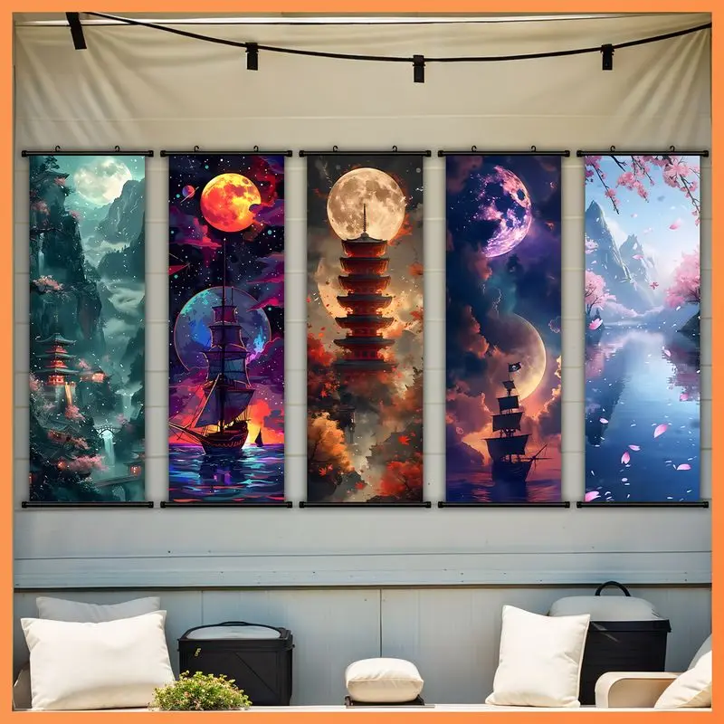 VIKAMA 5 Pcs Anime Moon Landscape Wall Scroll Tapestry Pirate Ship Pagoda Poster Hanger Vertical Art for Living Bedroom Decor