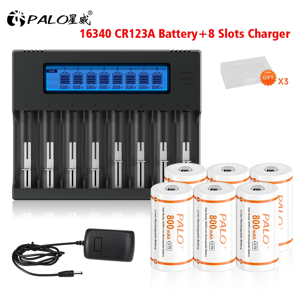 

PALO 3.7V 800mAh Lithium Li-ion 16340 Battery CR123A Rechargeable Batteries RCR123+8 Slots Smart Charger for 1.2V 3.7V Battery