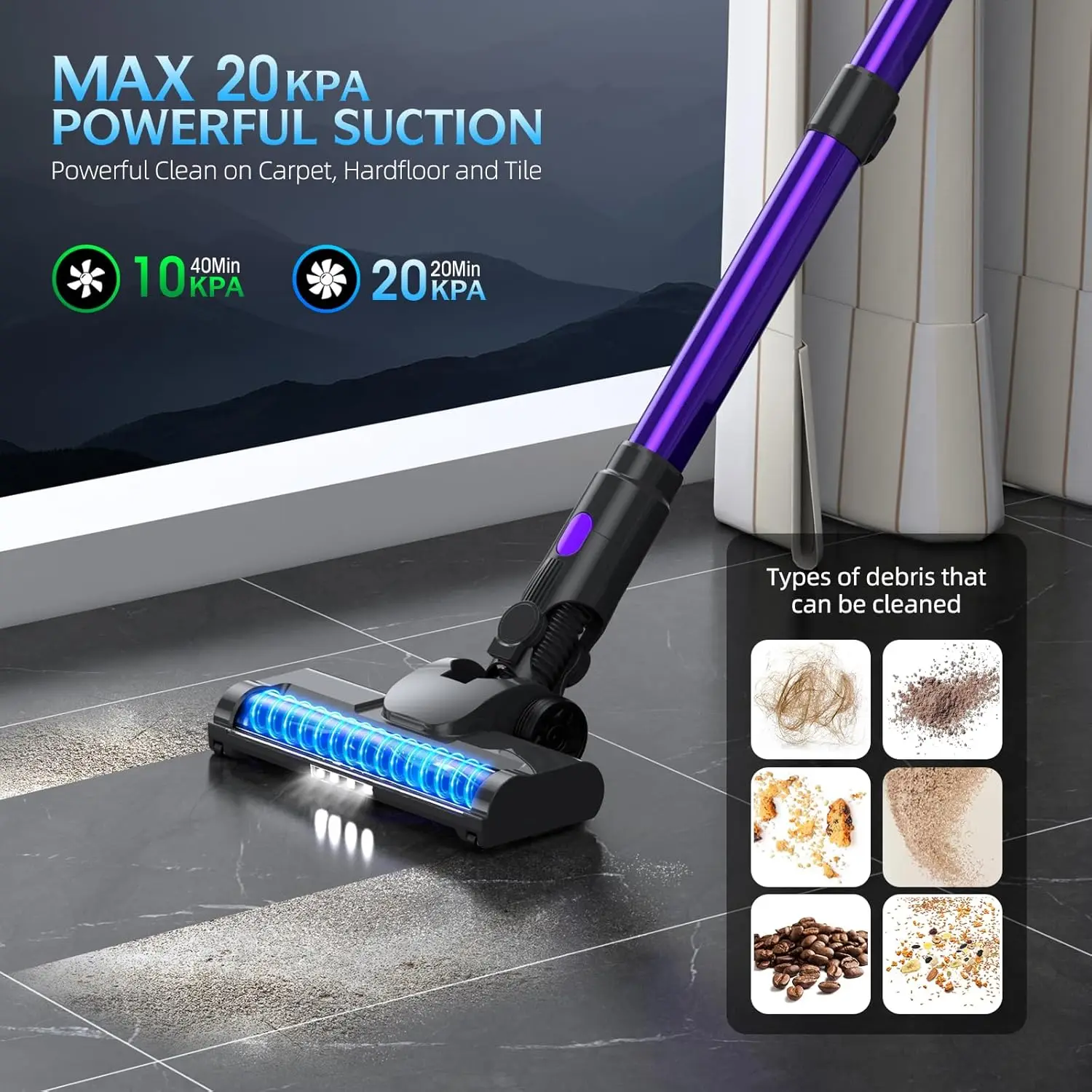 Cleaner, 20KPA Stick Vacuum with LED Display, 2 Modes 6 in 1 Lightweight Cordless Stick Vacuum Cleaner with 40Min Detachable Bat