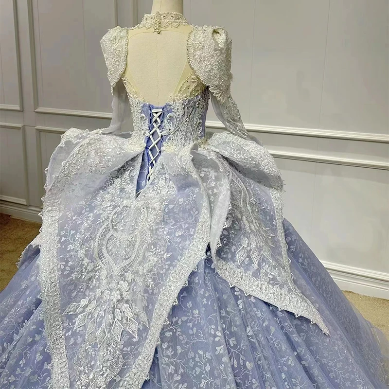 Elegante vestido De quinceañera con diamantes para niñas, traje De corte con lazo, volantes, cuello alto, plisado, manga larga, personalizado, 15 Años