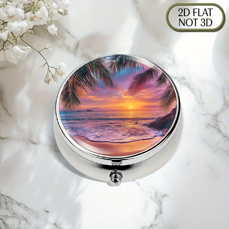 Single-piece flat portable round metal pill box, printed with a tropical beach sunset pattern, suitable for carrying medication and vitamins, an excellent gift for holidays (such as Independence Day, Labor Day, and other summer holidays), can also be used to organize small items, flat design