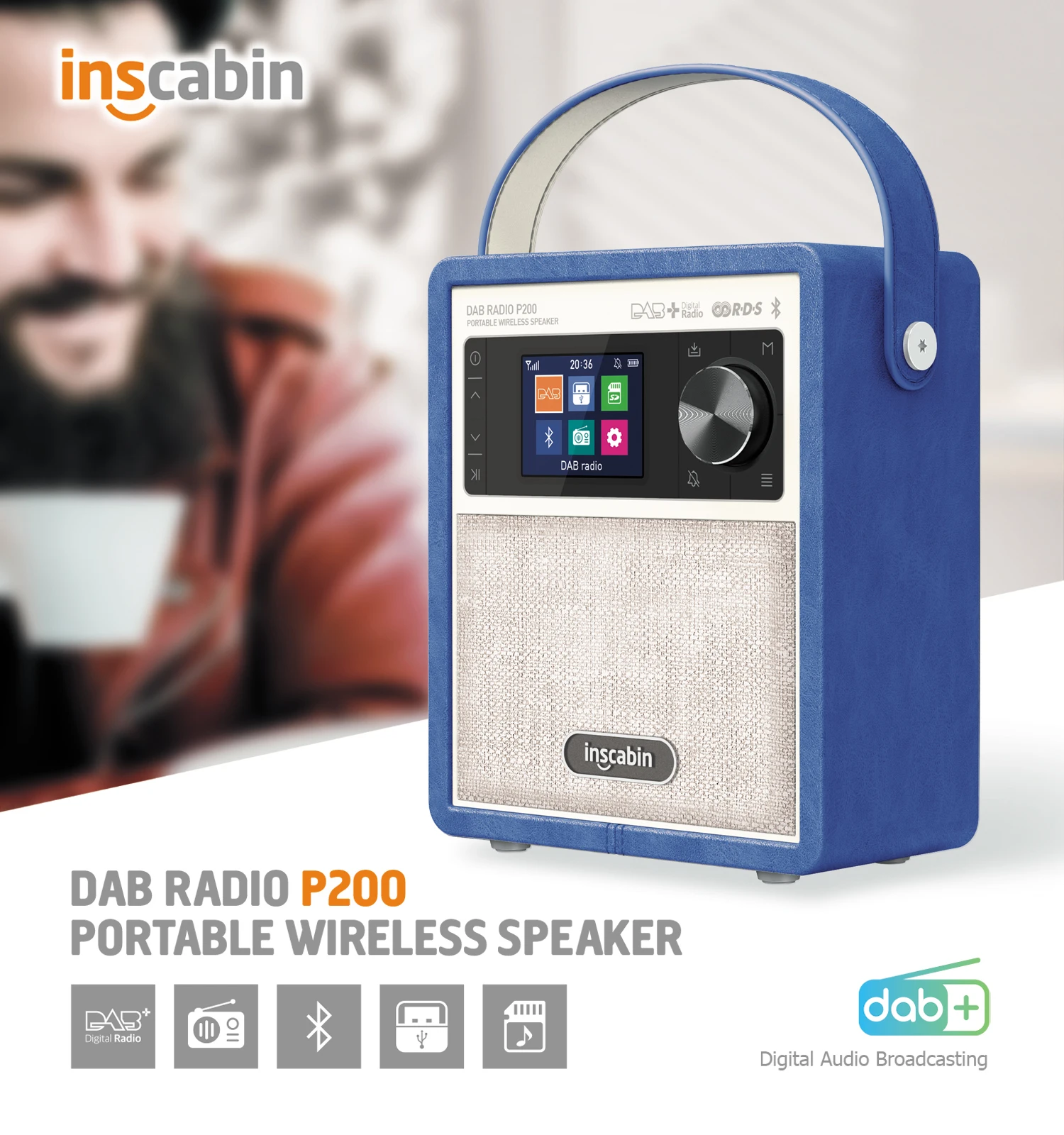 Inscabin P200 DAB Radio Portable Wireless Speaker with Bluetooth, FM/Color Screen/Rechargable Battery/TF/USB