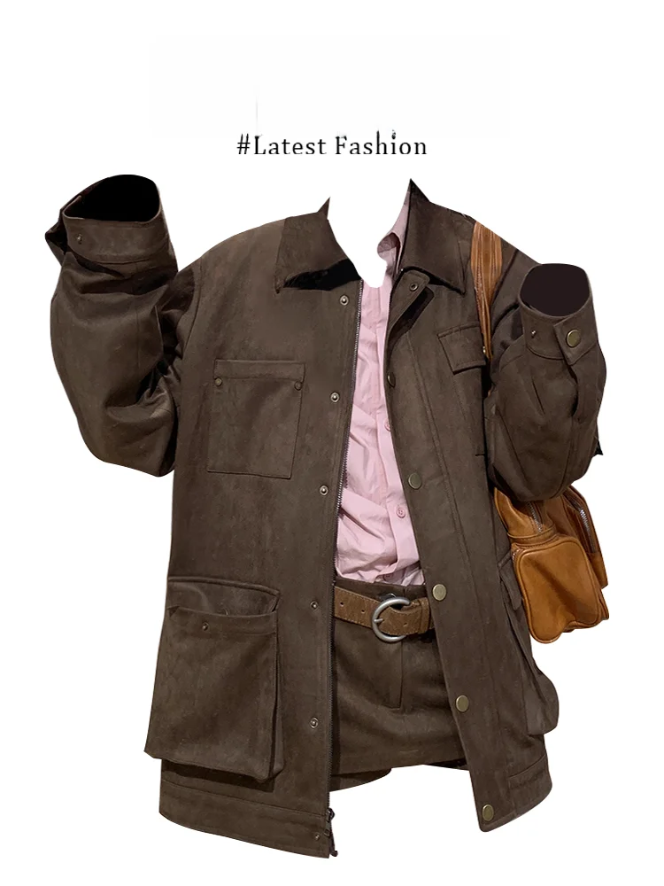 

Retro Design Workwear Jacket Inner Shirt High Waist Shorts Three Piece Set Fashionable Breathable Lightweight Zipper Closure