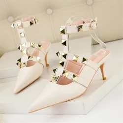 Female Rivets T-strap Sandals 2024 Summer Pointy Toe Soft Leather Sexy Women Shoes Comfort 6CM High Heels Ladies Work Dress Shoe