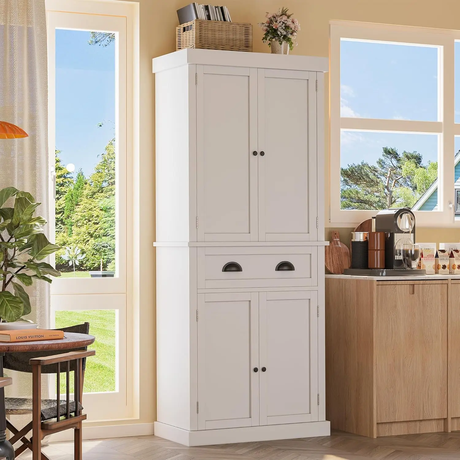 

72" Tall Storage Cabinet with Adjustable Shelves, Kitchen Pantry, Large Cupborad with 1 Drawer, Metal Handle, for Living Room,