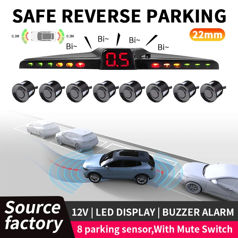 Waterproof 22mm 8 Parking Sensors 12V Reverse Backup Radar Kit with LCD Screen 0.3-2.0M Detection for Vehicle Safety