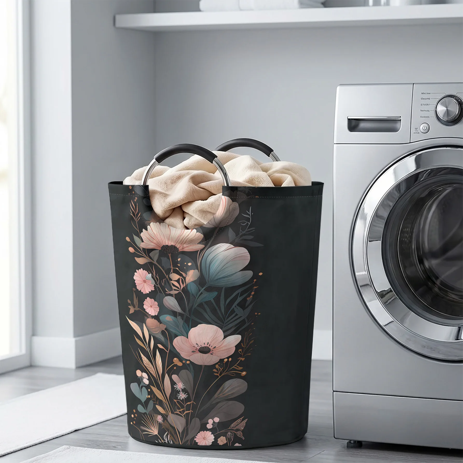 Morandi Pink Wildflower Bouquet Print Handheld Storage Basket, Large Capacity, for Dirty Clothes, Bedroom Sundries, Toys