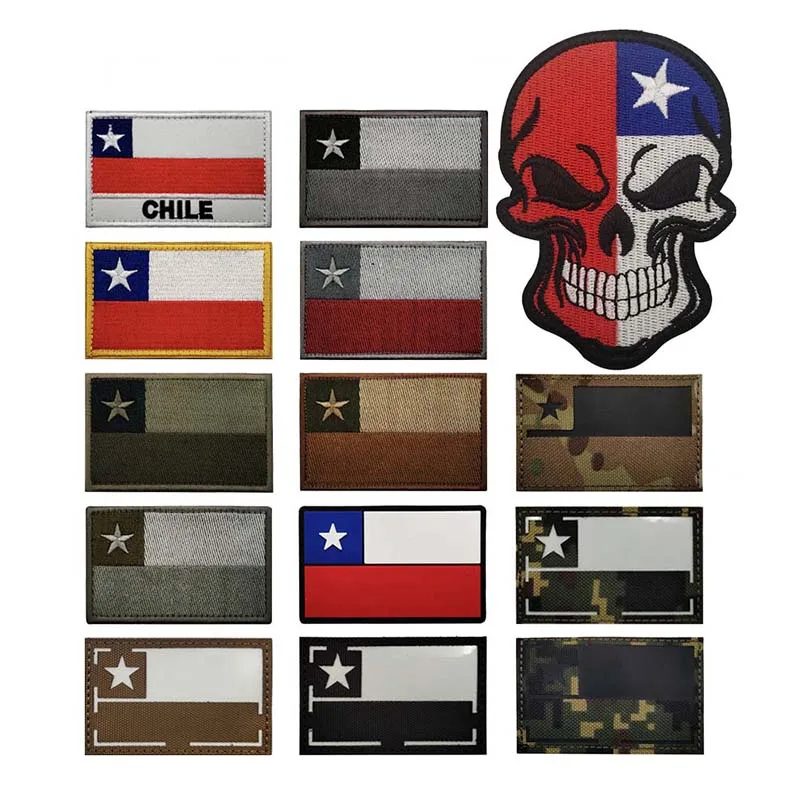 Parches bordados con apliques de ropa con bandera de Chile, emblema táctico militar, insignias reflectantes IR, parche adhesivo de PVC para mochila, sombrero