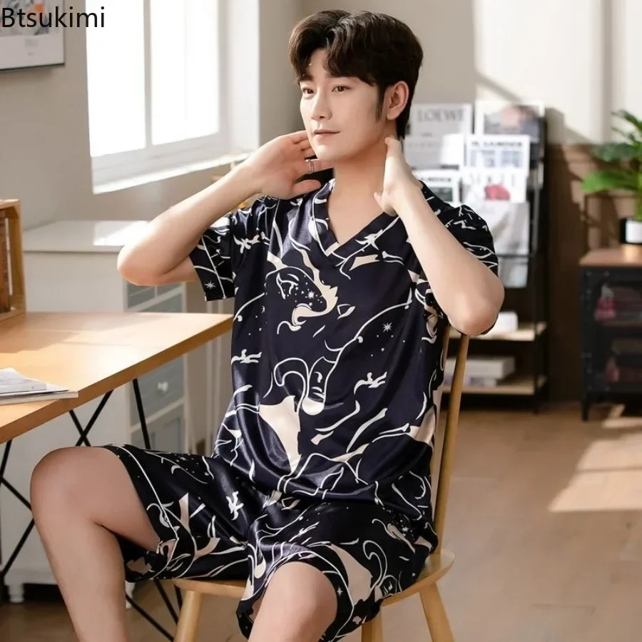 New 2026 Men's Summer Silk Pajama Sets Print Short Sleeve Pullover Tops and Shorts Homewear Suit Men Satin Casual Nightwear Sets