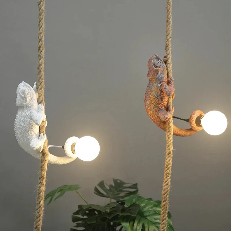 

Animal Chandelier Resin White Color Chameleon Pendant Lamp for Living Room Hemp Rope Lamp Study Coffee Retro Pendant Light