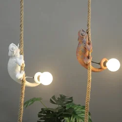 Animal Chandelier Resin White Color Chameleon Pendant Lamp for Living Room Hemp Rope Lamp Study Coffee Retro Pendant Light