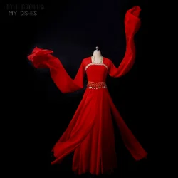 Água clássica manga dacne roupas yangko traje hanfu fã vermelho chinês folk dança traje menina tradicional vestido de strass