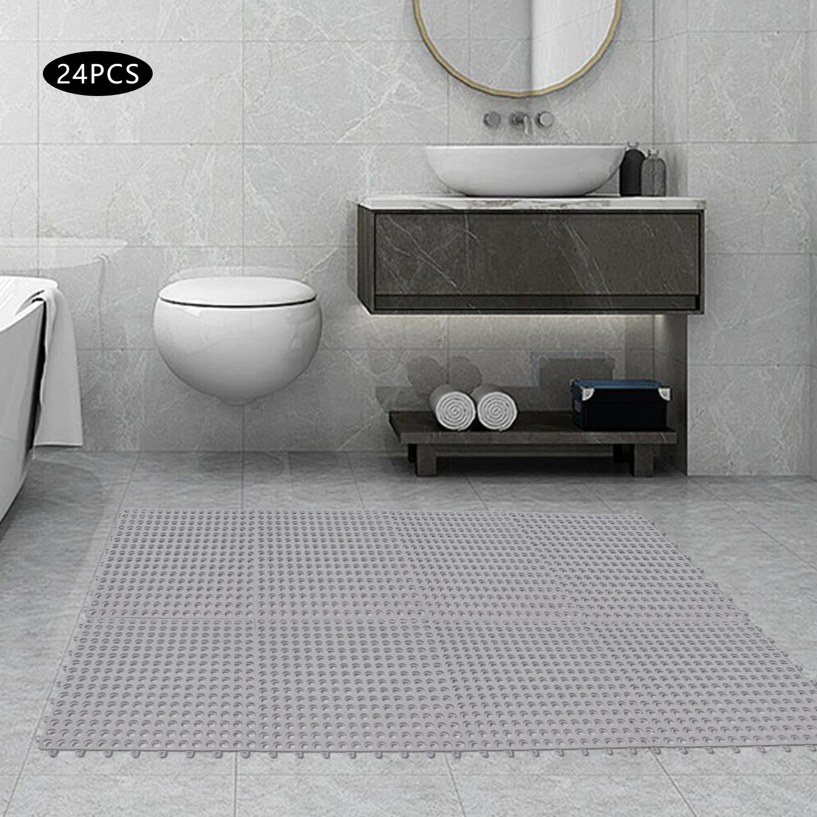 Tappetino da bagno ad incastro da 24 pezzi, piastrelle per pavimenti in PVC antiscivolo, tappetino da doccia morbido e impermeabile da 11,8 pollici x 11,8 pollici, fori di drenaggio, spessore 1 cm