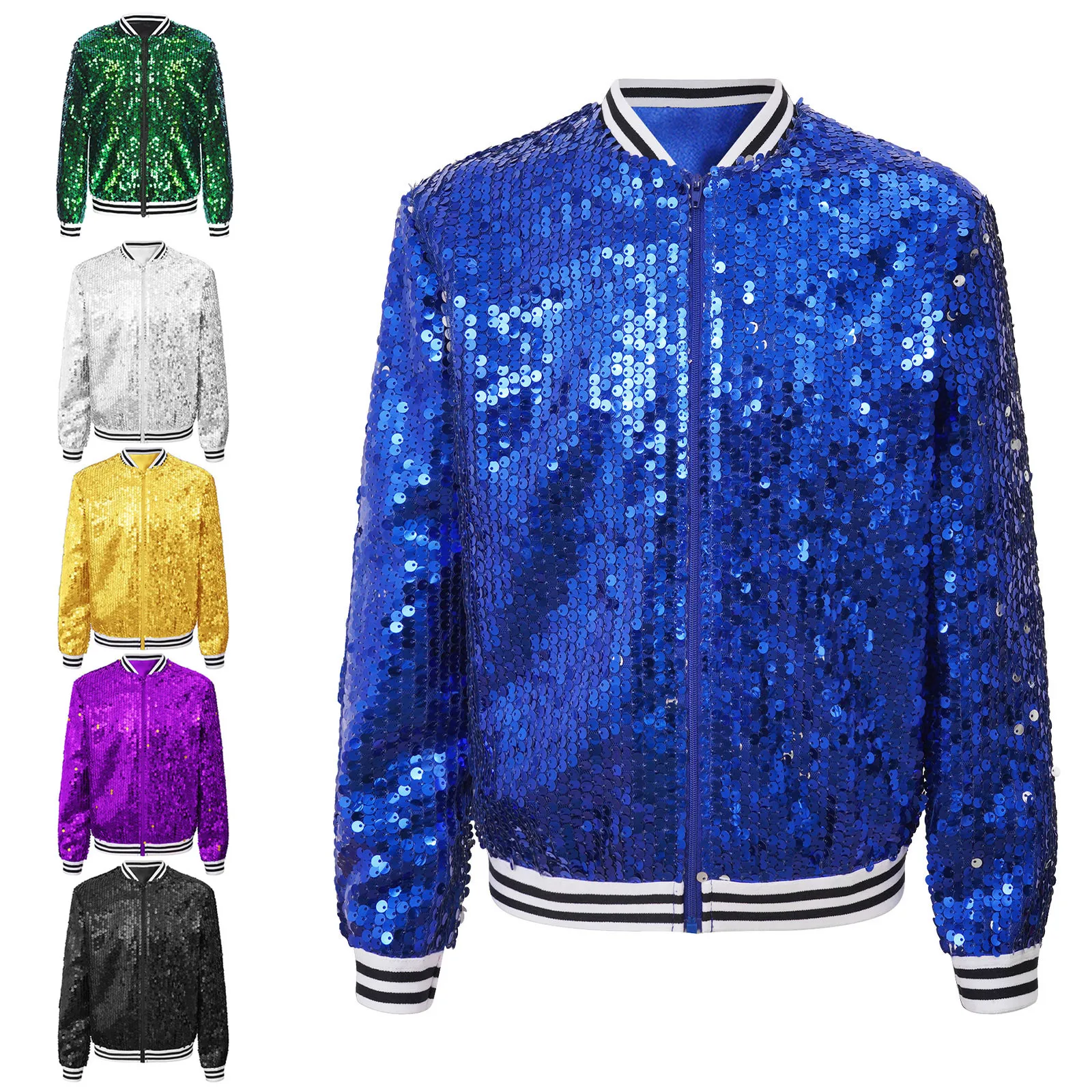Girls Shiny Sequin Baseball Jackets Coat Long Sleeve Zip Up Striped Trim Outerwear Music Festival Dancing Party Bomber Jackets