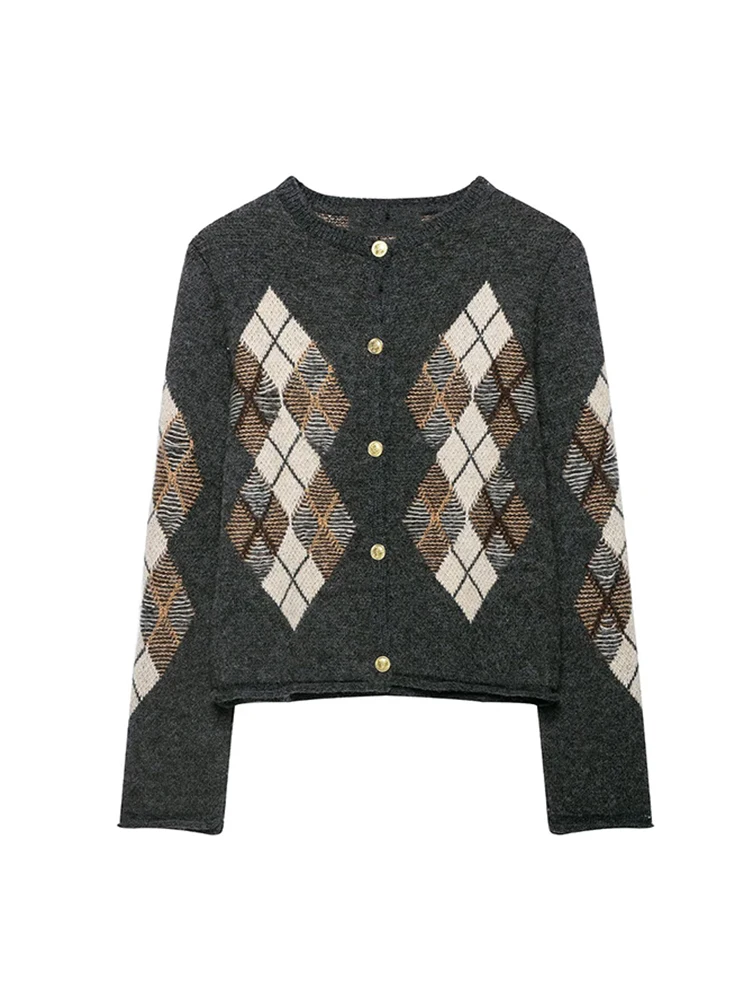 Women’s Knit Jacket Elegant Gray Argyle Knit Cardigan Long Sleeve Button Front Sweater Coat Casual Daily Commute Street Knitwear view 2