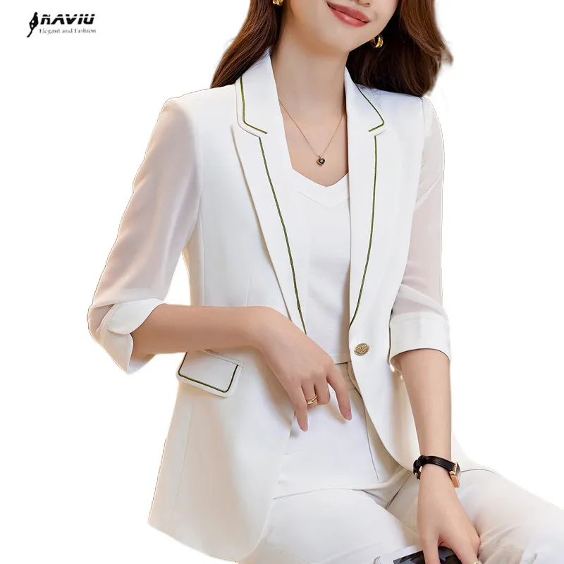 NAVIU Fashion Women White Blazer 2023 New Temprament Formal Half Sleeve Slim Tops Office Ladies Work Coat Black