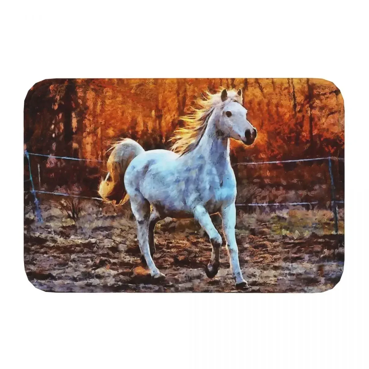 Galloping Horse Running Anti-Slip Rug Doormat Living Room Mat White The Sun Setting Behind The Trees Digital Floor Carpet