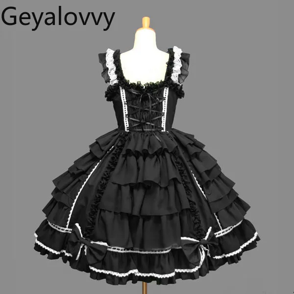 Lolita Gothic Retro Chiffon Lace Bow High Waist Mid-length Dress Japanese Sweet Cute Girl COS Ball Party Sleeveless Dress