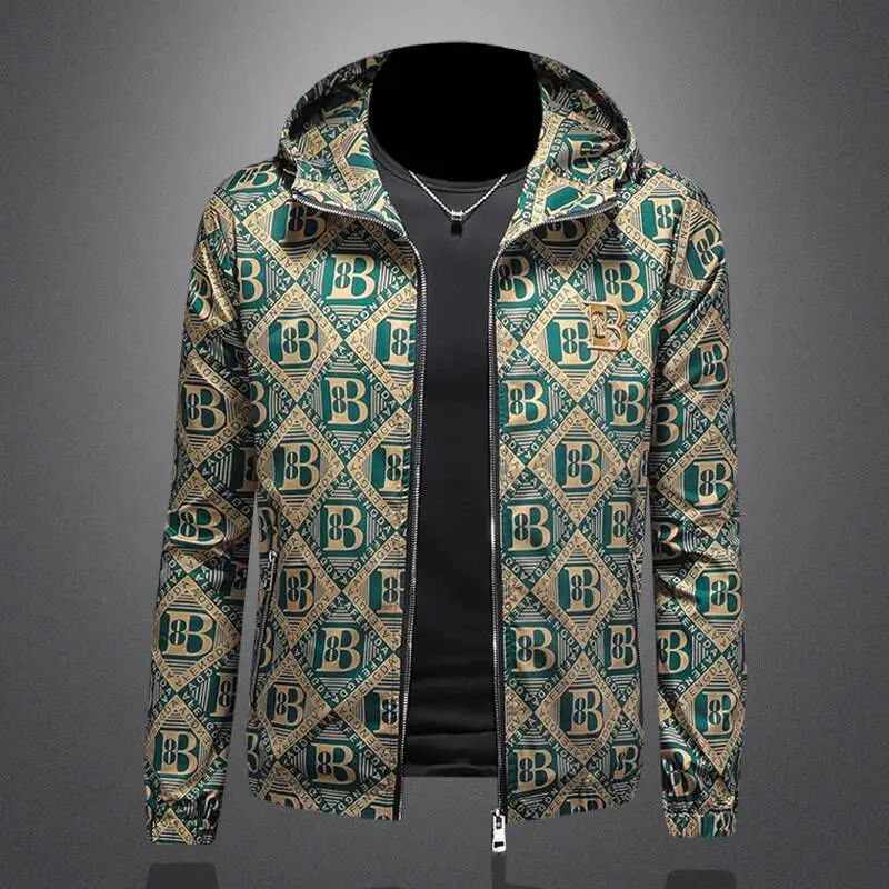 Fashion Designer Bomber Jackets Men Party Club Outfit Men Green Retro Letter Print Mens Hooded Jacket Color Contrast Classic