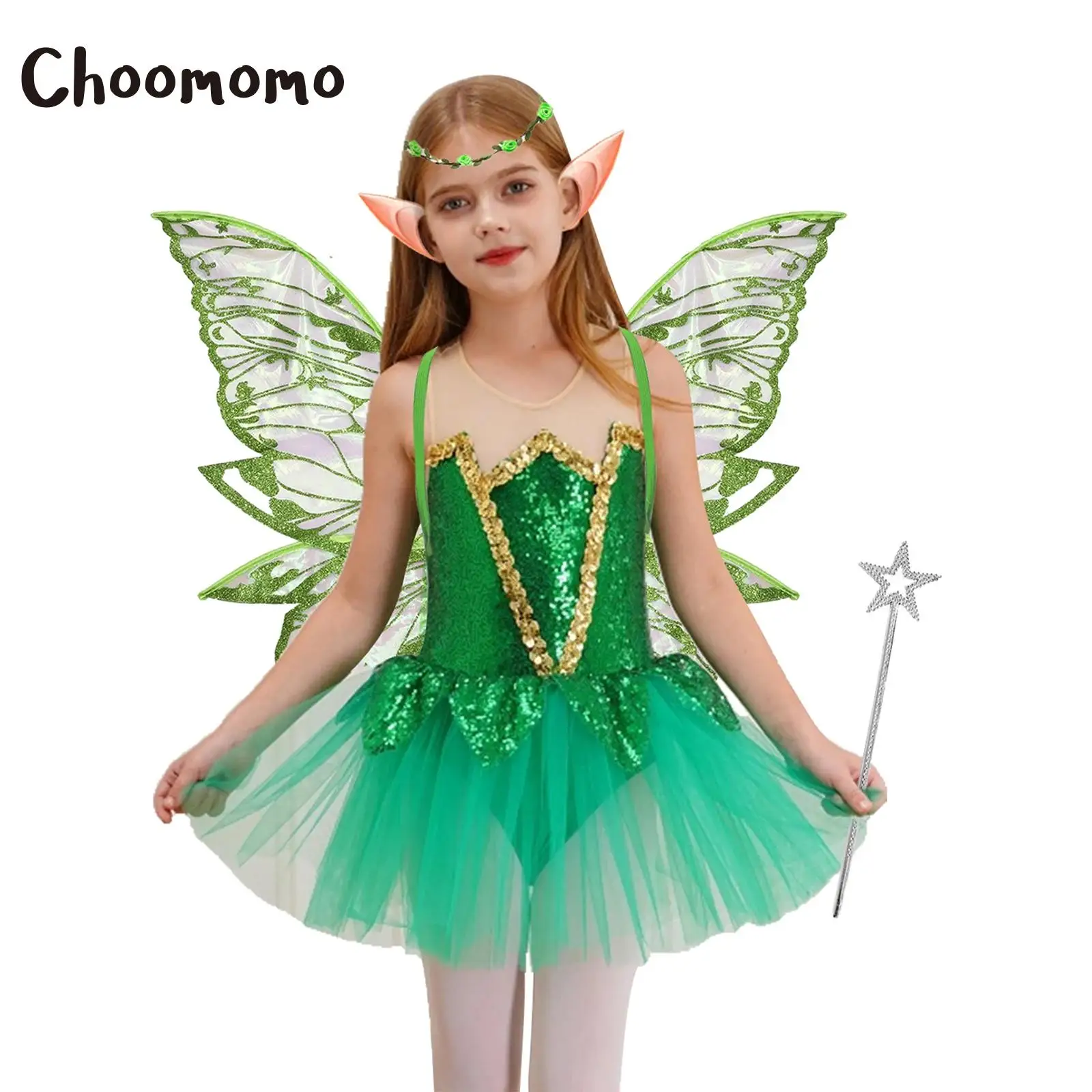 

Fancy Girls Fairy Cosplay Costume Green Sequins Princess Tutu Dress with Butterfly Wings Elf Ears Halloween Xmas Fairy Tale Suit