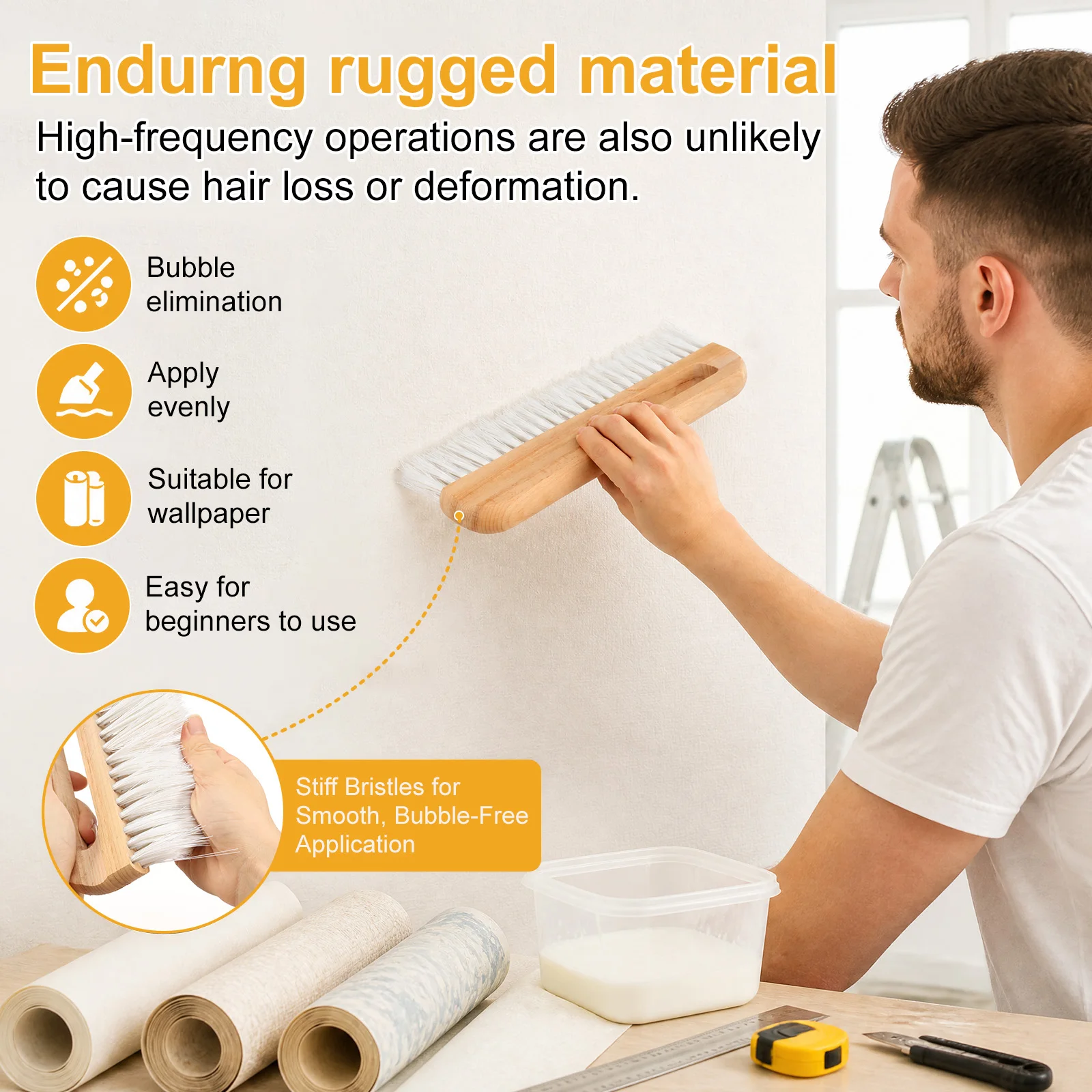 1Pc Concrete Brush with Wood Handle Multipurpose Wallpaper Smoothing Tool for Tile Grout Scrubbing Masonry and Paste Application