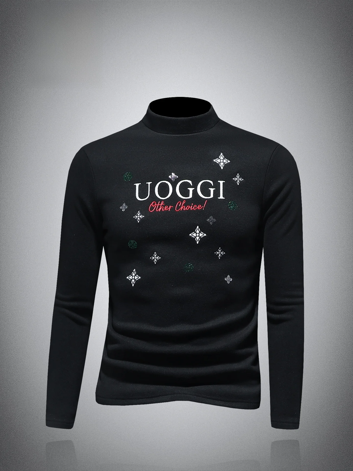 

Trendy Embroidered Wool Men's Long Sve T-irt Winter Warm Thiened Fce f High Collar Base irt Luxury Sle Polye...