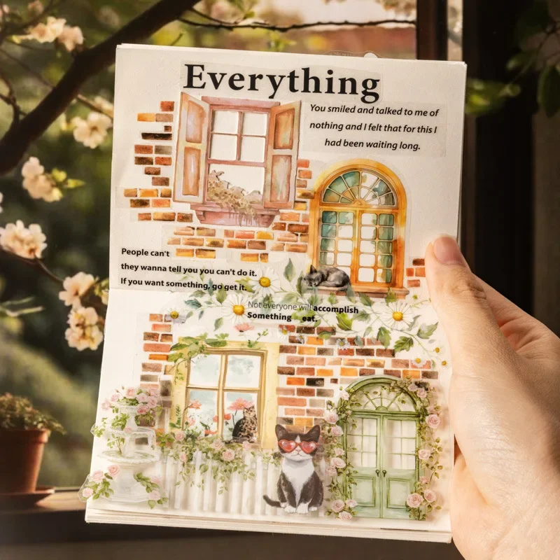 10pcs Material Sticker Pack Window Cherry Dreams pack Window Sill with Cat Sticker Fluttering Window Scrapbook cut 117*74mm