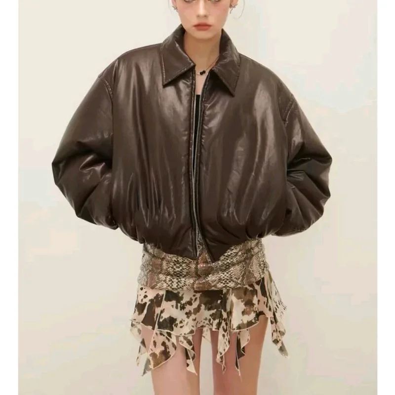 Fall New Women's Motorcycle Sle Zipper Collar Long Sve PU Leather Pilot Jaet Coat Loose Fit Regular Sve Long Zipper