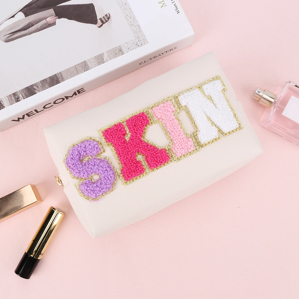 

3PCS Face Hair Skin Bag with Patches Chenille Letter Cosmetic Pouch Zipper Closure PU Leather for Women for Travel Accessories