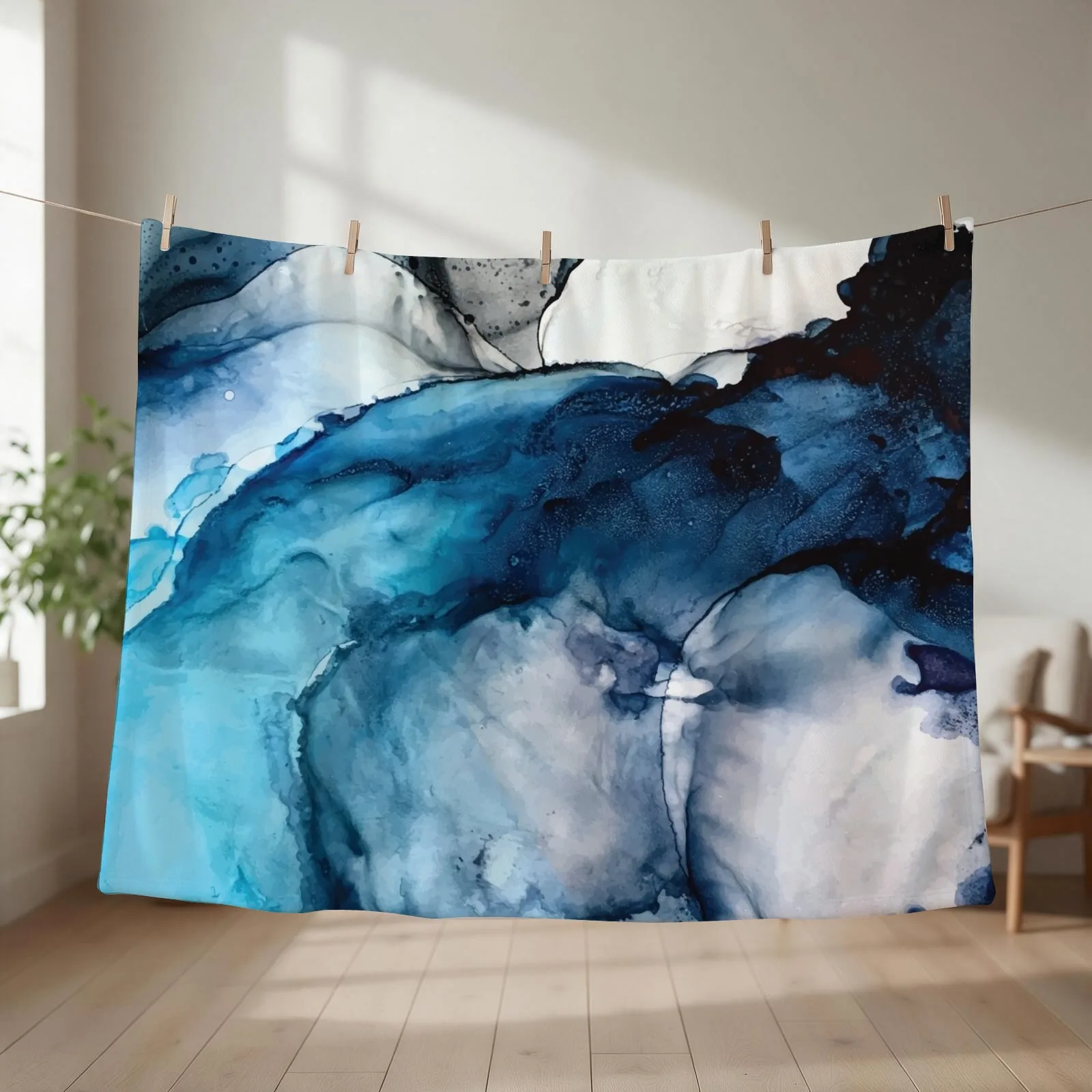 White Sand Blue Sea - alcohol ink painting Throw Blanket couch cozy soft plush fuzzy picnic outdoor blanket