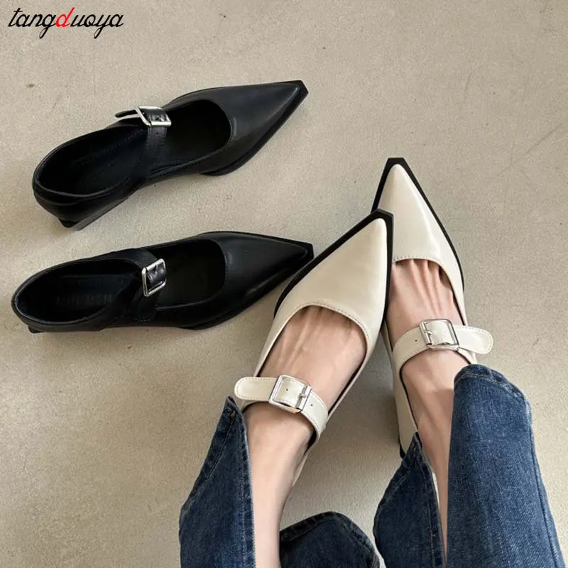 Mary Jane Shoes 2024 New Summer spring Pointed Toe Low Heel Women Shallow Single Pumps Women Fashion Buckle Shoes Vintage shoes