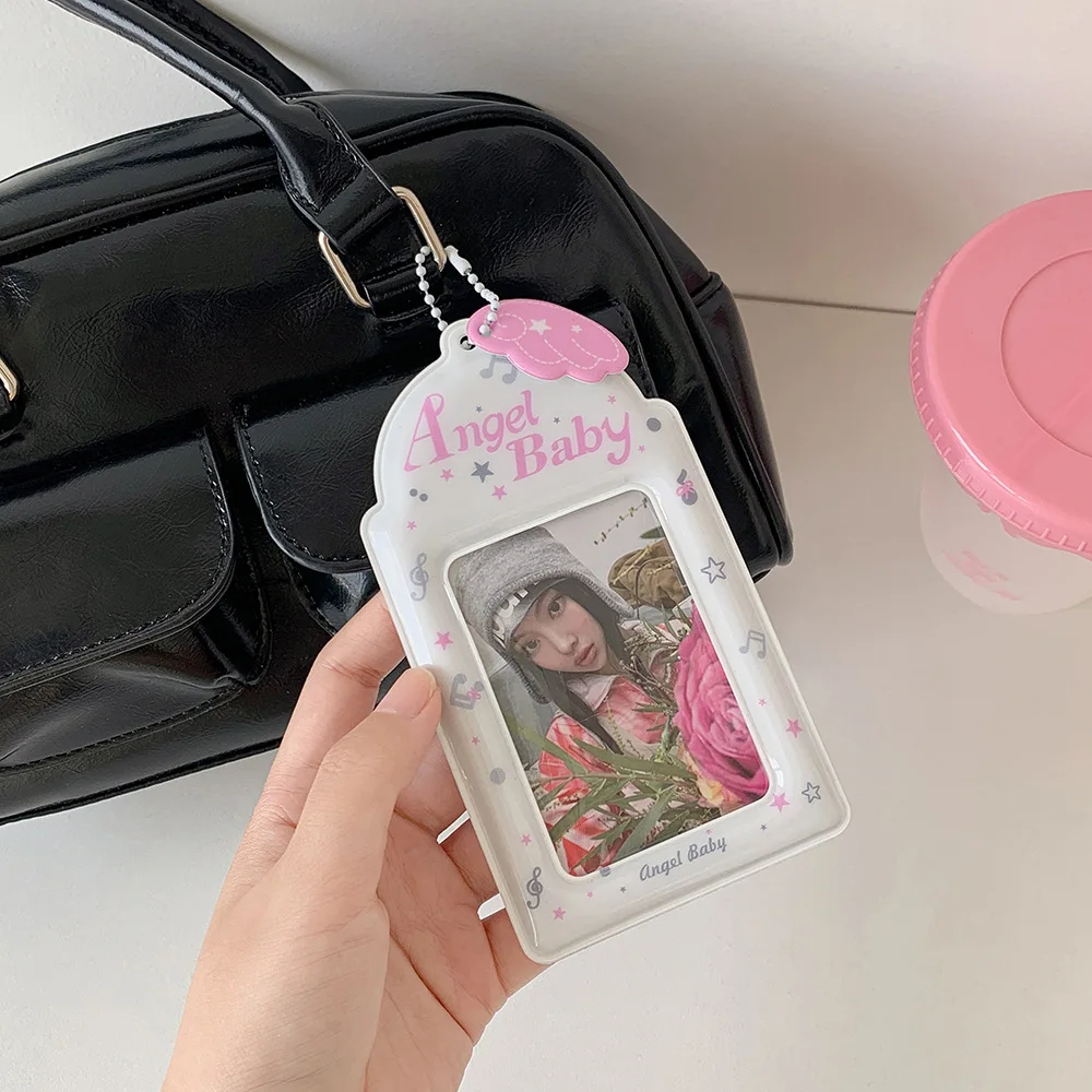 Cute Student 3 Inch Clear ID Card Holder with Angel Wings Charm Photo Badge Sleeve for Bus Card