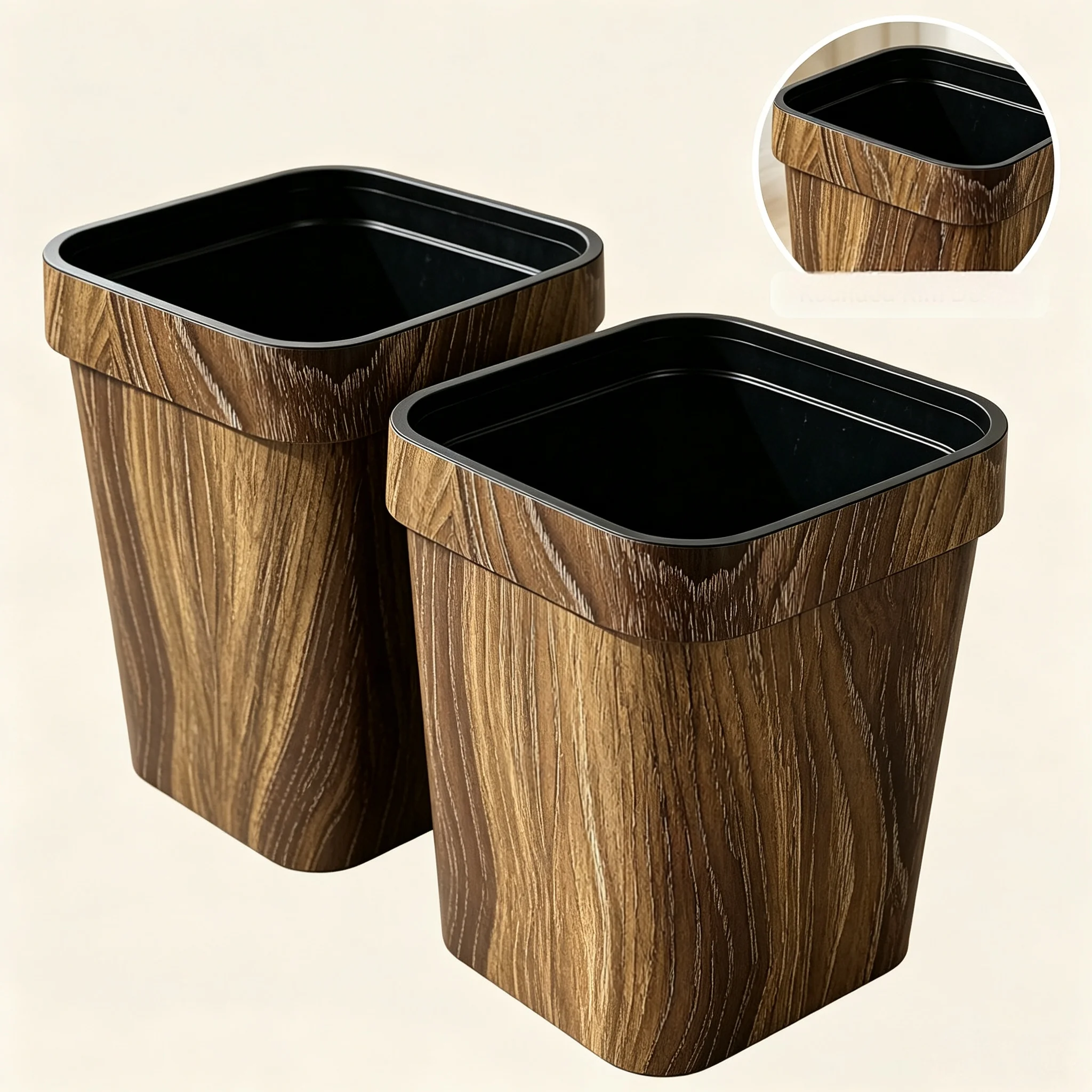 Farmhouse Decor Wood‑Grain Trash Can 2 Pack, 16L Large‑Capacity Open‑Top Plastic Waste Basket, Dual‑Layer Inner Bucket Garbage Bin for Living Room