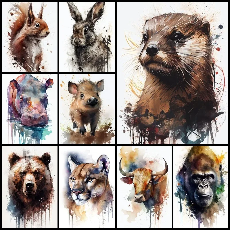 DIY Diamond Paint Kit Watercolour Animals Otter Rabbit Boar Rhino Gorilla Picture Full Square Diamond Mosaic Painting Embroidery